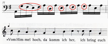 Abb. 2: Ausschnitt aus dem Prélude der Suite Nr. 1 und dem Choral "Vom Himmel hoch" (transponiert)